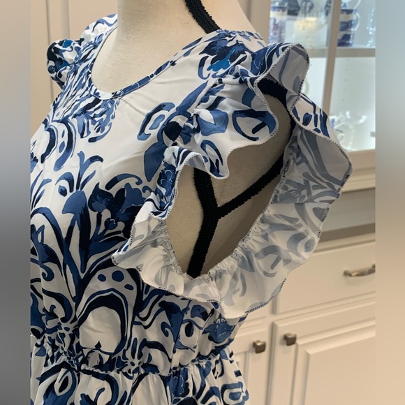 Emery Rose ~ Blue & White Ruffle Sleeve Elastic Waist Fit & Flare Dress Sz Small - Picture 7 of 11